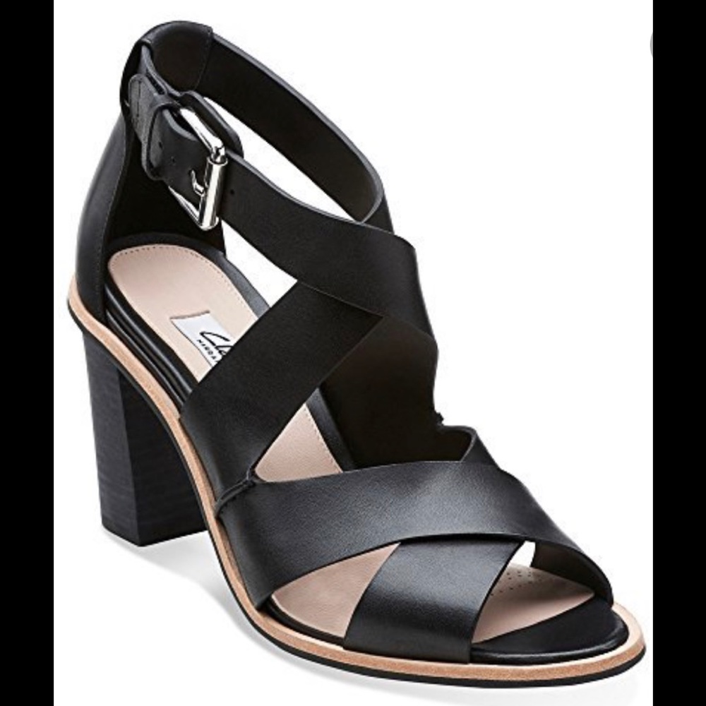 Clarks Narrative Orianna Bess Size 7.5 Black Leather Sandals 3" Heel